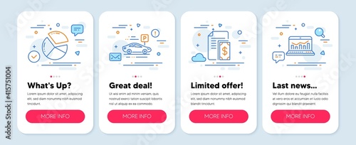 Set of Business icons, such as Pie chart, Car parking, Payment symbols. Mobile app mockup banners. Web analytics line icons. Presentation graph, Transport place, Cash money. Statistics. Vector