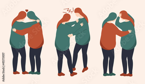 set of vector hand drawn illustrations. three pairs of girls with different emotions. - love, friendship, acceptance, struggle, support. trendy flat illustration for websites, magazines and app