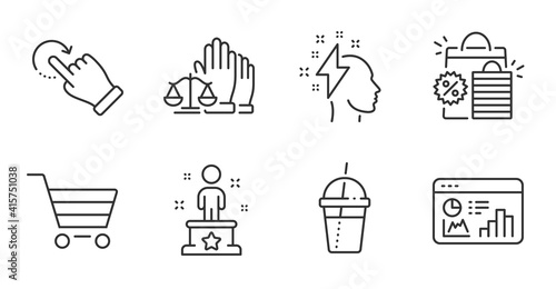Court jury, Seo statistics and Success line icons set. Coffee cocktail, Market sale and Brainstorming signs. Rotation gesture, Shopping bags symbols. Quality line icons. Court jury badge. Vector