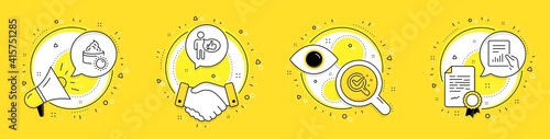 Sun cream, Chemistry lab and Like line icons set. Megaphone, licence and deal vector icons. Document sign. Face lotion, Lab research, Thumbs up. File with diagram. Business set. Vector