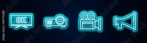 Set line Screen tv with 8k, Media projector, Cinema camera and Megaphone. Glowing neon icon. Vector.