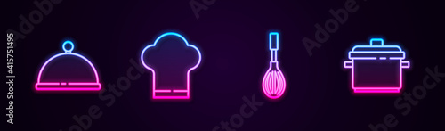Set line Covered with tray, Chef hat, Kitchen whisk and Cooking pot. Glowing neon icon. Vector.