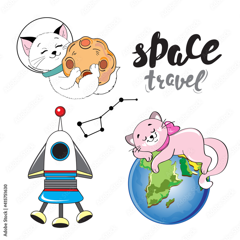 Fototapeta premium Collection of cats astronauts and rocket on white background isolated. Vector cartoon illustration