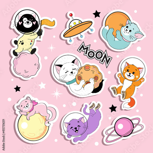 Collection of cats astronauts trendy stickers. Vector cartoon illustration isolated on pink background