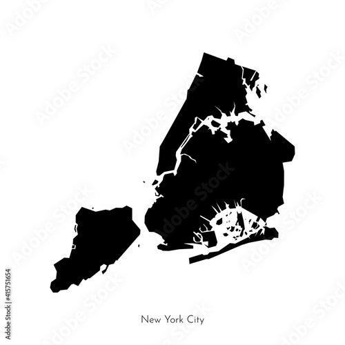Vector isolated illustration with simplified geometrical shape of New York City map (city in the United States). Black silhouette of The Big Apple (NYC). White background