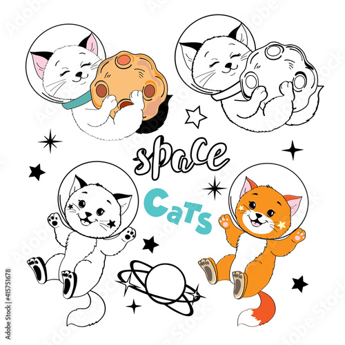 Coloring book cat and space planets on a white background isolated. Vector cartoon illustration
