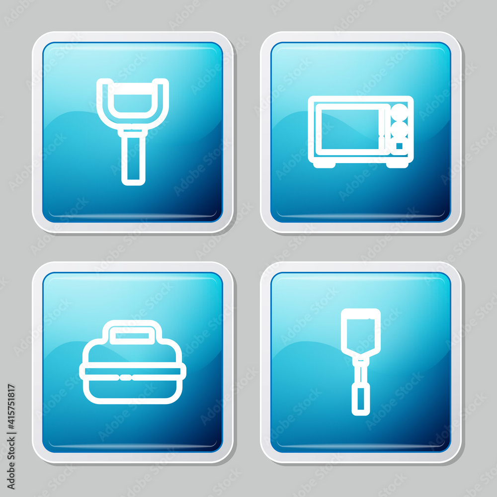 Set line Peeler, Microwave oven, Cooking pot and Spatula icon. Vector. Set line Peeler, Microwave oven, Cooking pot and Spatula icon. Vector.