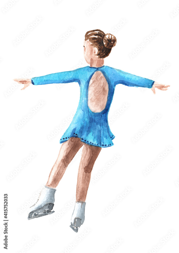 Figure skating, children sports, Little girl dancing on the ice. Hand drawn watercolor illustration isolated on white background Figure skating, children sports, Little girl dancing on the ice. Hand drawn watercolor illustration isolated on white background