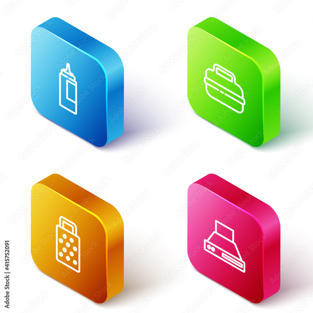 Set Isometric line Sauce bottle, Cooking pot, Grater and Kitchen extractor fan icon. Vector. Set Isometric line Sauce bottle, Cooking pot, Grater and Kitchen extractor fan icon. Vector.