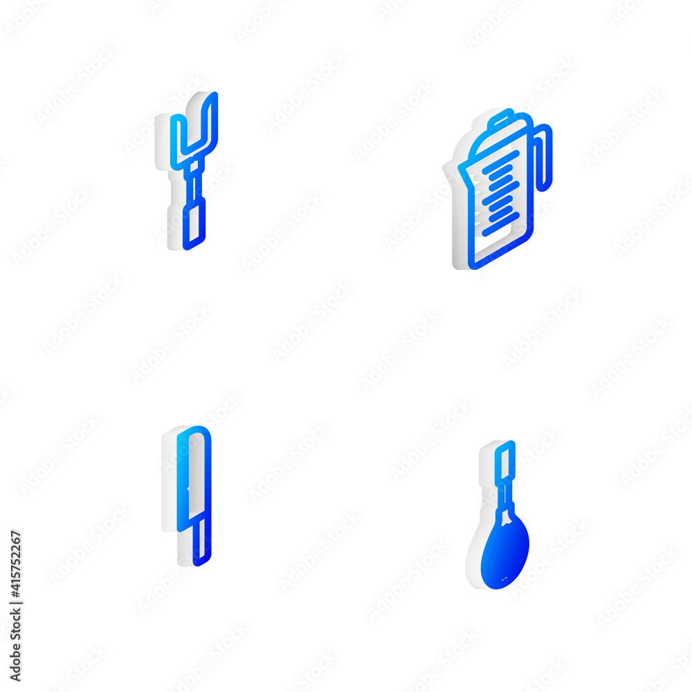 Set Isometric line Teapot, Barbecue fork, Knife and Kitchen whisk icon. Vector. Set Isometric line Teapot, Barbecue fork, Knife and Kitchen whisk icon. Vector.