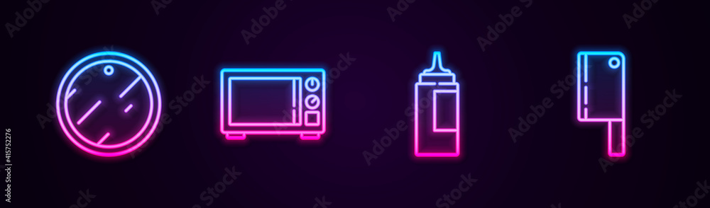 Set line Cutting board, Microwave oven, Sauce bottle and Meat chopper. Glowing neon icon. Vector. Set line Cutting board, Microwave oven, Sauce bottle and Meat chopper. Glowing neon icon. Vector.