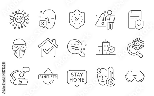 Face declined, Eyeglasses and Insurance policy line icons set. Skin condition, Fever and Hand sanitizer signs. Medical mask, Apartment insurance and 24 hours symbols. Line icons set. Vector