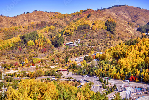 Wide mountain valley Medeu in the vicinity of Almaty city in Kazakhstan in the autumn season © kiwisoul