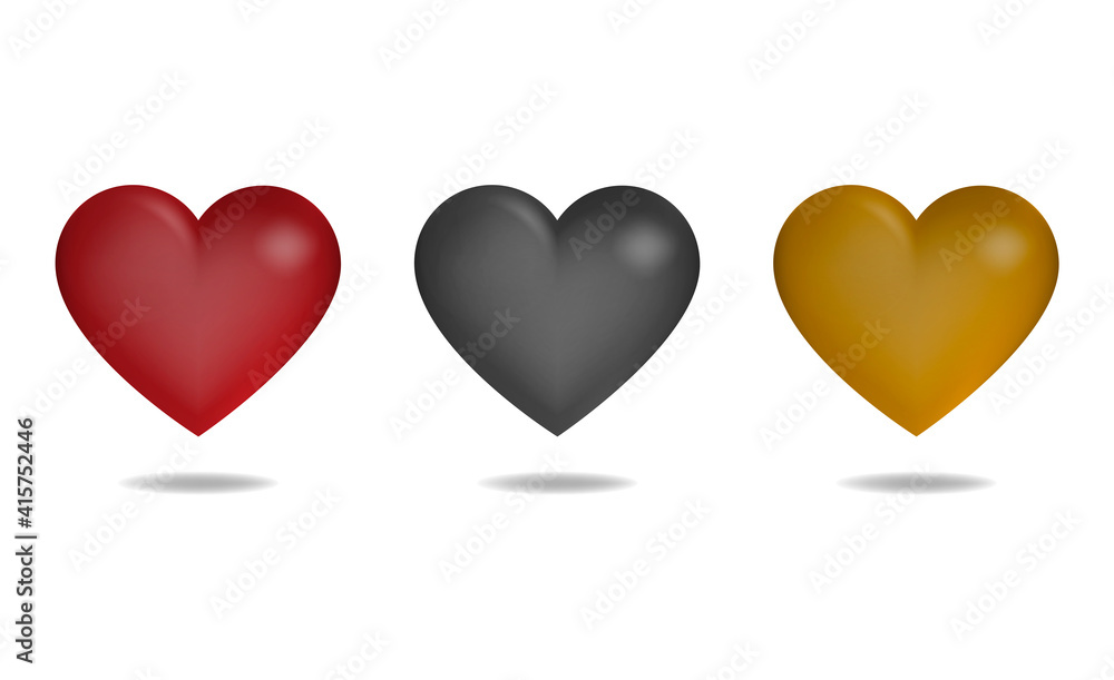 Red,black and gold hearts isolated on white background.