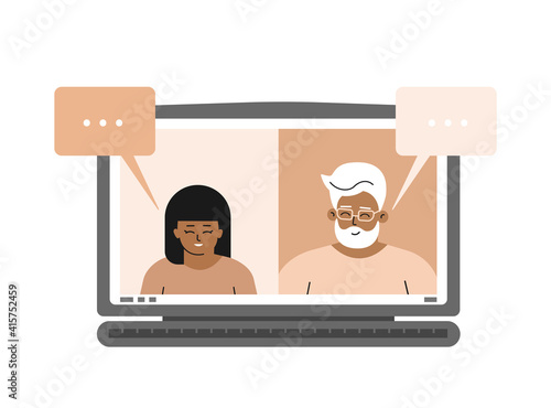 Vector concept with speech bubbles. Monitor of laptop with Asian girl and old teacher (Korean man). Online distant education in quarantine. Web platform for homeschooling and online courses