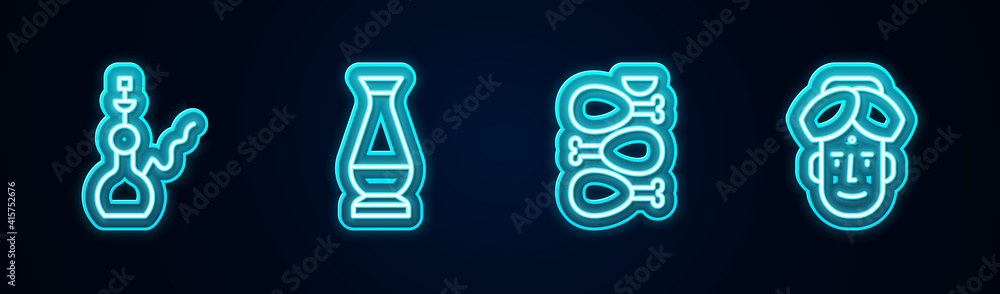 Set line Hookah, Indian vase, Tandoori chicken and man. Glowing neon icon. Vector. Set line Hookah, Indian vase, Tandoori chicken and man. Glowing neon icon. Vector.