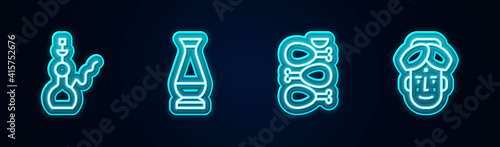 Set line Hookah, Indian vase, Tandoori chicken and man. Glowing neon icon. Vector.