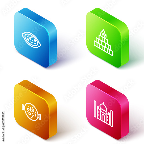 Set Isometric line Kheer in a bowl, Yagna, Chicken tikka masala and Taj Mahal icon. Vector.