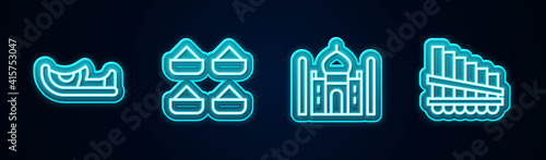 Set line Indian shoes, spice, Taj Mahal and Pan flute. Glowing neon icon. Vector. photo