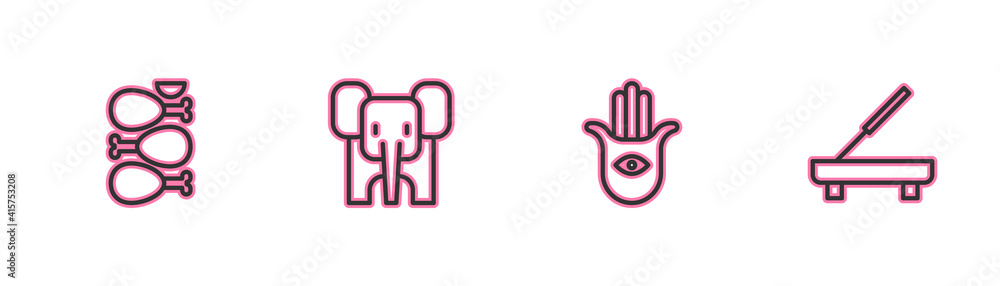 Set line Tandoori chicken, Hamsa hand, Elephant and Scented spa stick icon. Vector. Set line Tandoori chicken, Hamsa hand, Elephant and Scented spa stick icon. Vector.