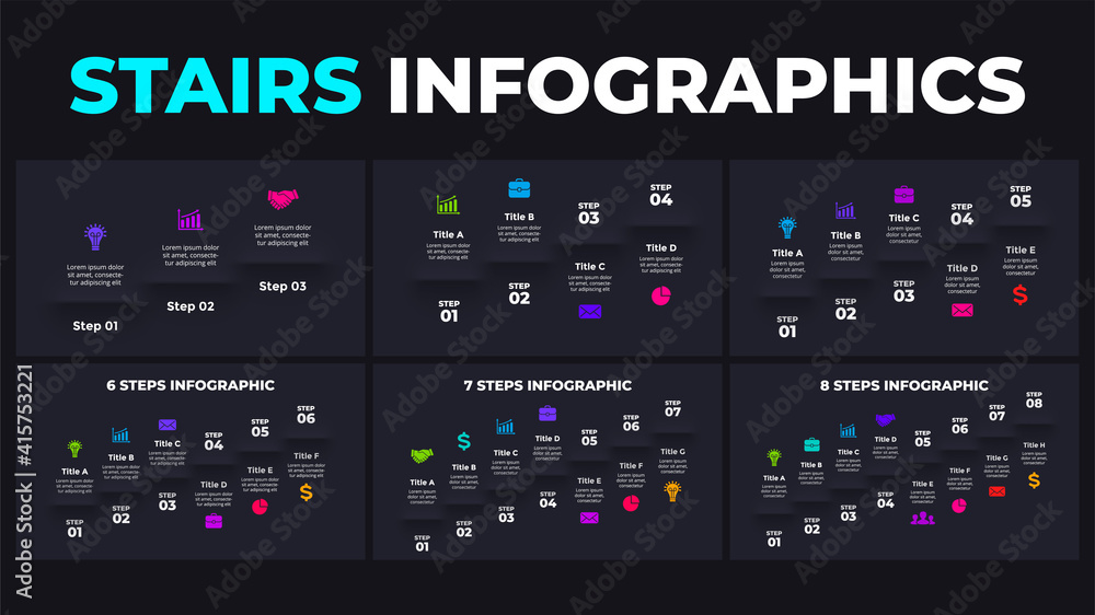 Neumorphic Vector Infographic. Presentation slide template. Stairs with 3, 4, 5, 6, 7, 8 steps. Neumorphism dark ui design. Clean minimal flat style. Neumorphic Vector Infographic. Presentation slide template. Stairs with 3, 4, 5, 6, 7, 8 steps. Neumorphism dark ui design. Clean minimal flat style.