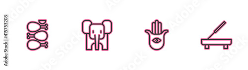 Set line Tandoori chicken, Hamsa hand, Elephant and Scented spa stick icon. Vector.