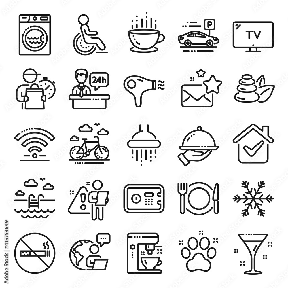 Hotel service line icons. Wi-Fi, Air conditioning and Coffee maker machine. Spa stones, swimming pool and bike rental icons. Hotel parking, safe and shower. Food, coffee cup. Line icon set. Vector