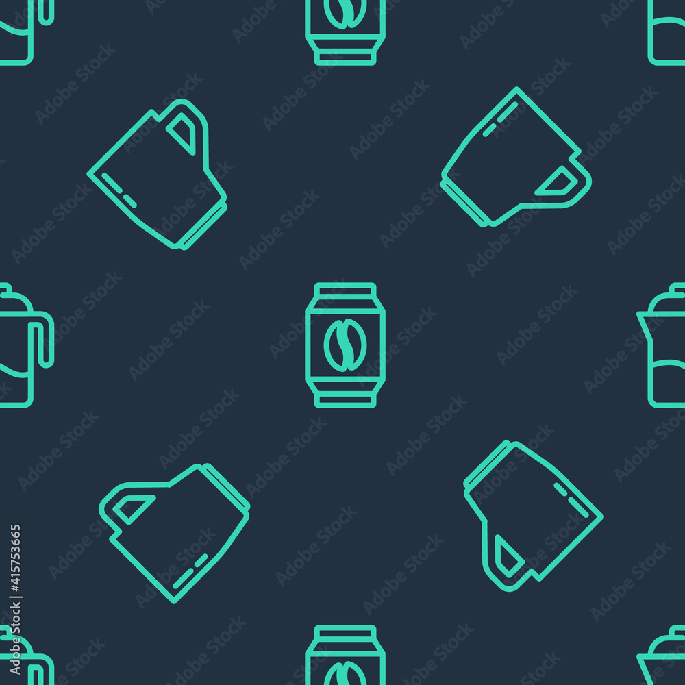 Set line Bag of coffee beans, Coffee cup and French press on seamless pattern. Vector. Set line Bag of coffee beans, Coffee cup and French press on seamless pattern. Vector.