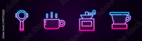 Set line Coffee filter holder, cup, Manual coffee grinder and V60 maker. Glowing neon icon. Vector.