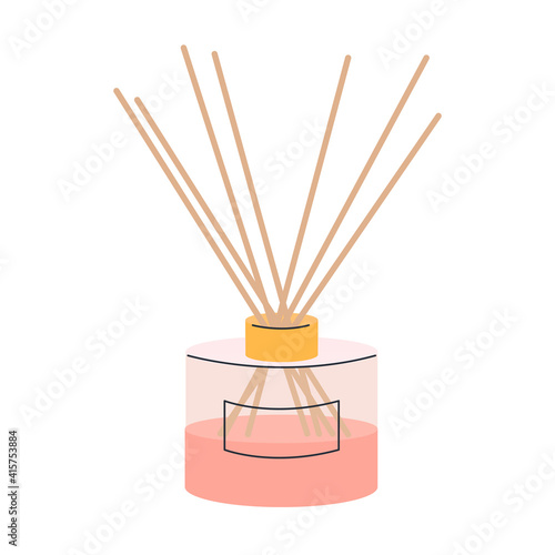 Aroma diffuser with bamboo sticks for home on a white background. Vector illustration in pink powder color, icon