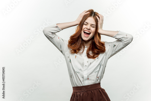 emotional woman gesturing with hands lifestyle studio isolated background model