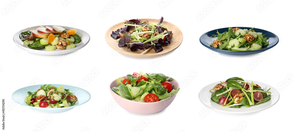 Set with different delicious celery salads on white background, banner design