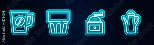 Set line Coffee cup, Glass with water, Manual coffee grinder and Teapot. Glowing neon icon. Vector.