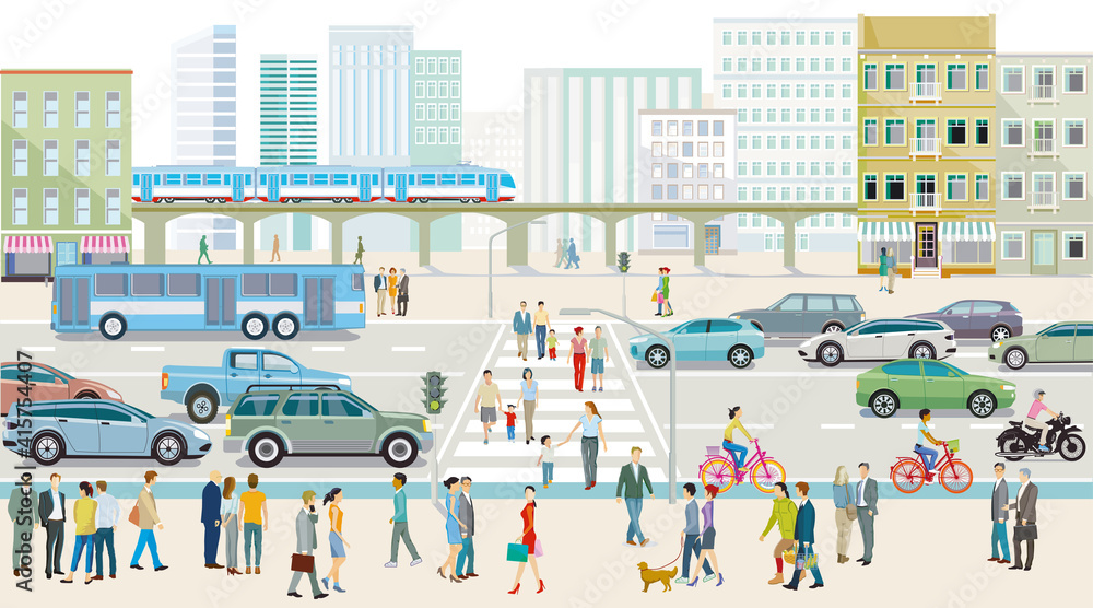 Fototapeta premium City silhouette with people on the sidewalk and road traffic, illustration