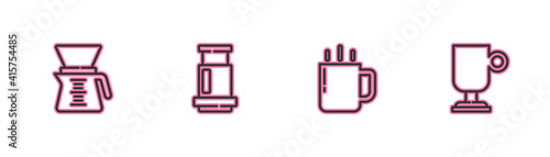 Set line Pour over coffee maker, Coffee cup, Aeropress and Irish icon. Vector.