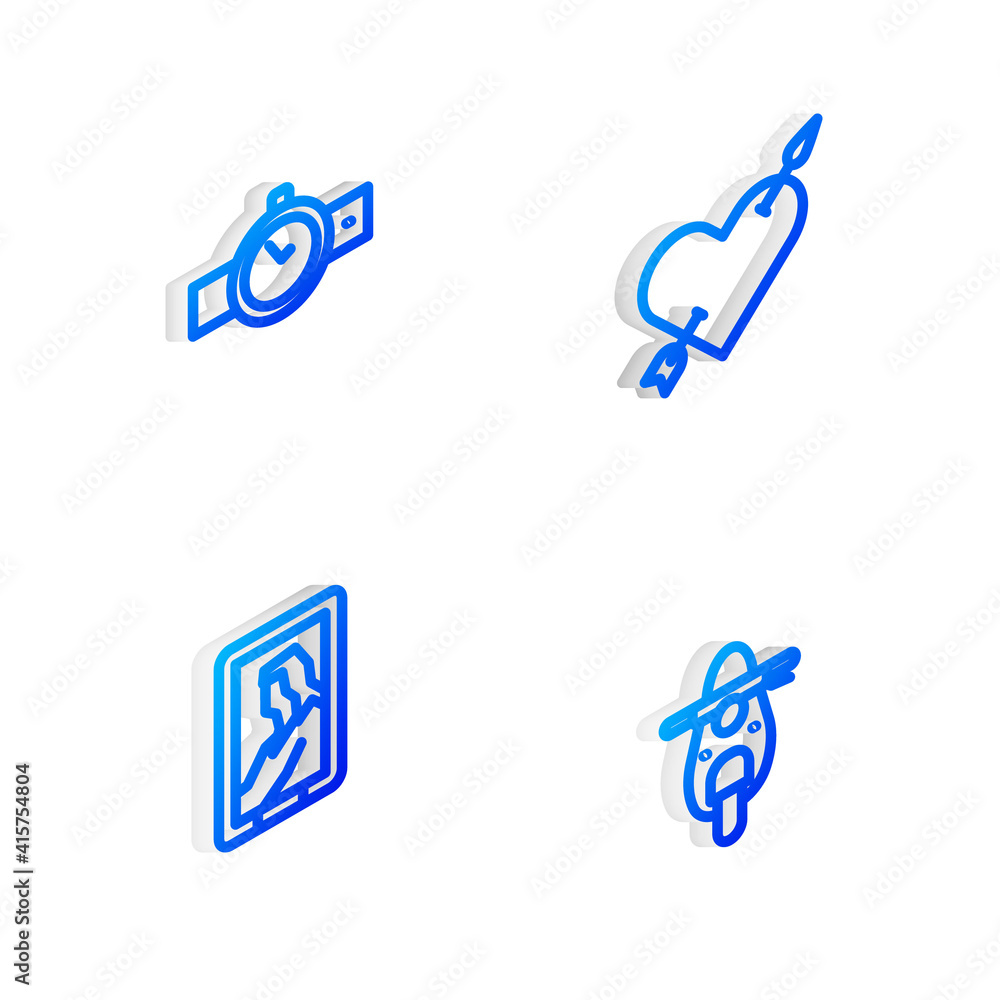 Set Isometric line Amour with heart and arrow, Wrist watch, Portrait in museum and Scooter icon. Vector. Set Isometric line Amour with heart and arrow, Wrist watch, Portrait in museum and Scooter icon. Vector.