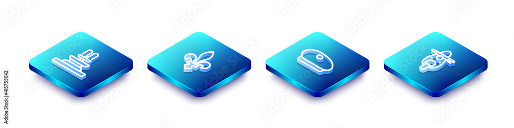 Set Isometric line Fountain, Fleur De Lys, French beret and Scooter icon. Vector. Set Isometric line Fountain, Fleur De Lys, French beret and Scooter icon. Vector.