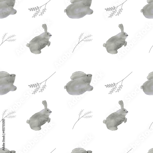 Easter bunny and pussy willow branch on a white background.