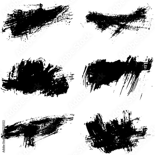 Black paint brush strokes, dirty inked grunge art brushes. Dirty ink texture splatters. Grunge rectangle text boxes	
