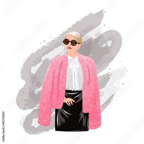 Confident looking stylish fashion female in pink fur coat. Modern career woman. vector design