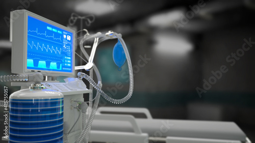 ICU lung ventilator in hospital, cg healthcare 3d illustration