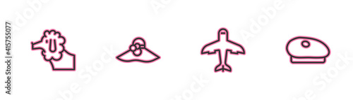 Set line Poodle dog, Plane, Elegant women hat and French beret icon. Vector.