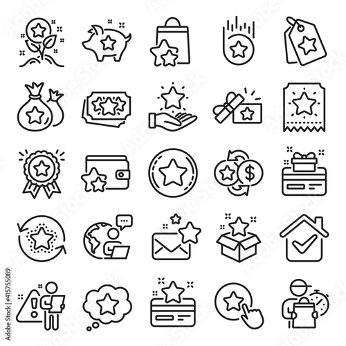 Loyalty program line icons. Bonus card, Redeem gift and discount coupon signs. Lottery ticket, Earn reward and winner gift icons. Shopping bag, loyalty card and lottery present. Line icon set. Vector