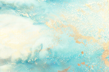 art photography of abstract fluid art painting with alcohol ink, blue, turquoise and gold colors