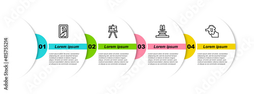 Set line Portrait in museum, Easel painting art boards, Fountain and Poodle dog. Business infographic template. Vector.
