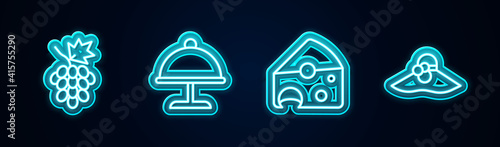 Set line Grape fruit, Covered with tray, Cheese and Elegant women hat. Glowing neon icon. Vector.