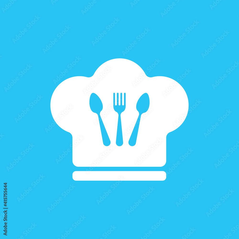 chef icon with fork and knive isolated on blue background. flat style design trendy modern vector illustration chef icon with fork and knive isolated on blue background. flat style design trendy modern vector illustration