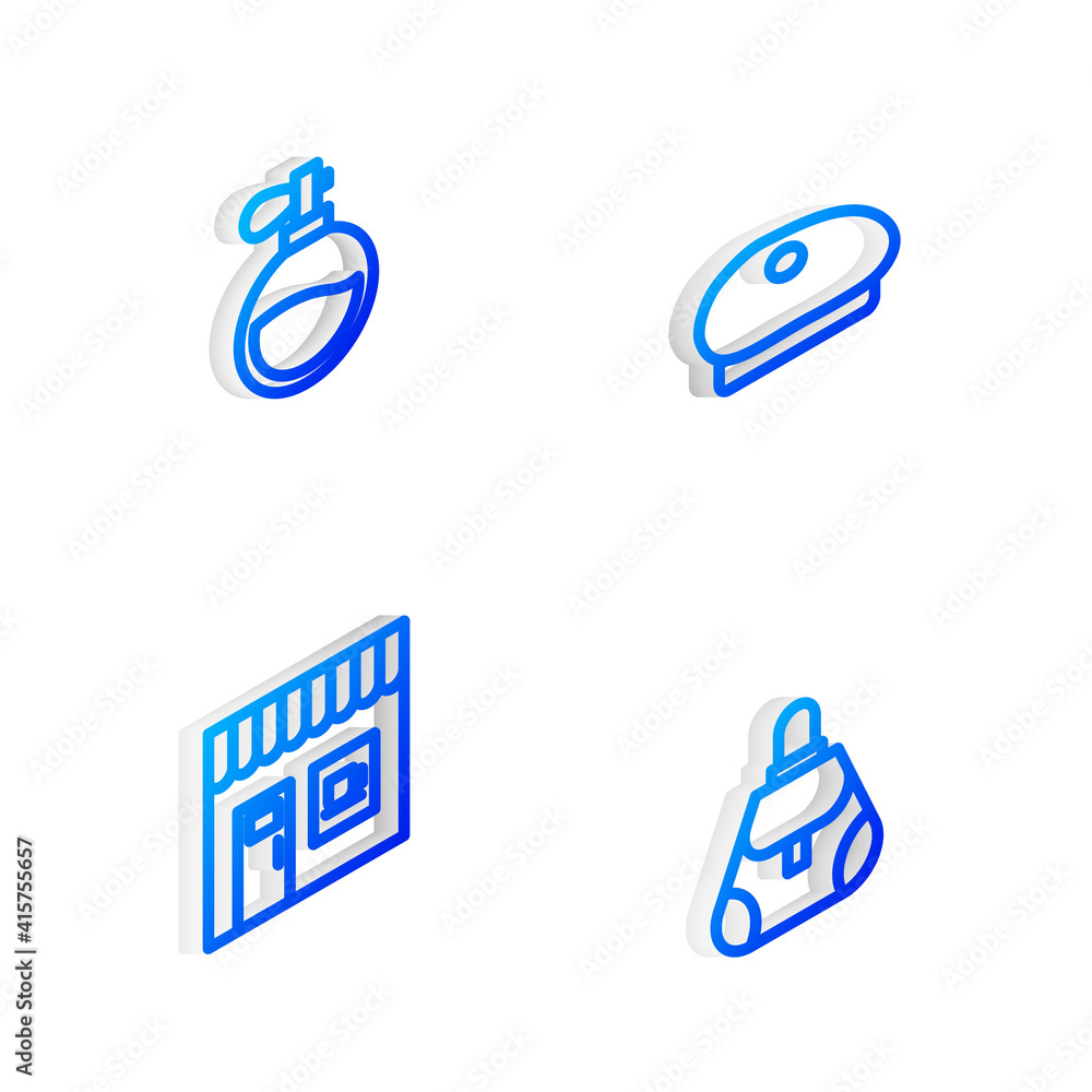Set Isometric line French beret, Perfume, Coffee shop and Handbag icon. Vector. Set Isometric line French beret, Perfume, Coffee shop and Handbag icon. Vector.