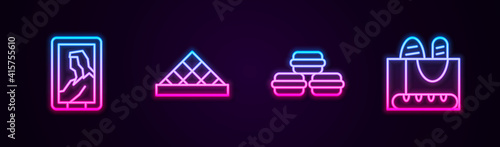 Set line Portrait in museum, Louvre, Macaron cookie and French baguette bread. Glowing neon icon. Vector.