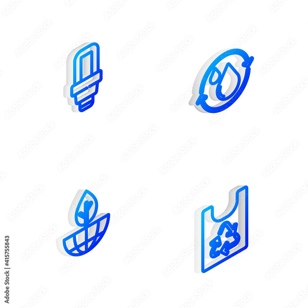 Set Isometric line Recycle clean aqua, LED light bulb, Earth globe and plant and Plastic bag with recycle icon. Vector. Set Isometric line Recycle clean aqua, LED light bulb, Earth globe and plant and Plastic bag with recycle icon. Vector.